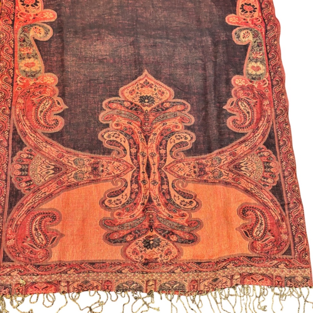Vintage Paisley Jacquard Pashmina Shawl Scarf Wrap Orange Black Gold Fringe‎